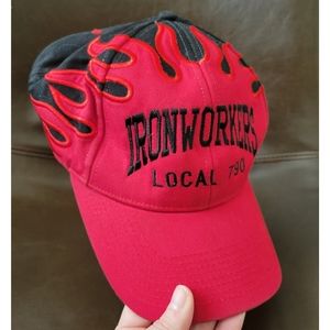 Mens embroided hat iron workers flamed and red one size